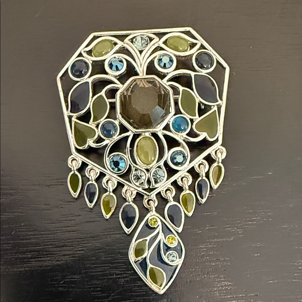 green and blue rhinestone and enamel leaf design dangle brooch